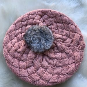 Mustard Pink Cream Pom Pom Beret Beanie